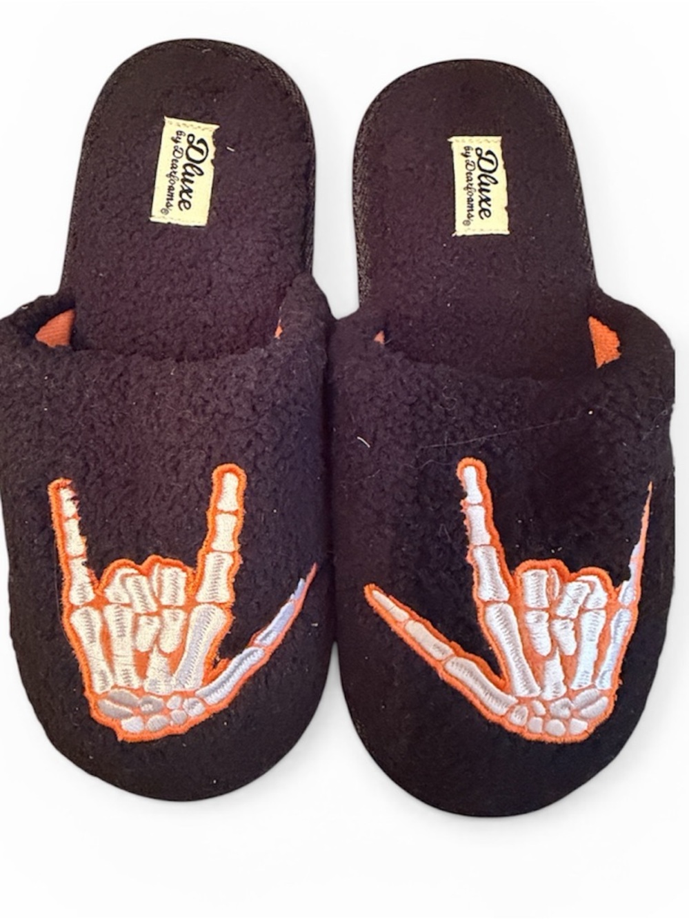 NEW Kids Halloween Skull Hand Rock Dearfoams Black Slippers I love you Slides 11